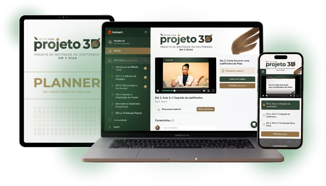Mockup do Curso Projeto 3D — Projeto de Pesquisa Aprovado em 3 Dias